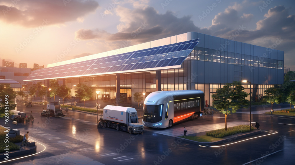 Design an environmentally conscious cargo logistics hub with electric-powered vehicles, energy-efficient lighting, and green rooftops, exemplifying sustainable practices within the Generative AI