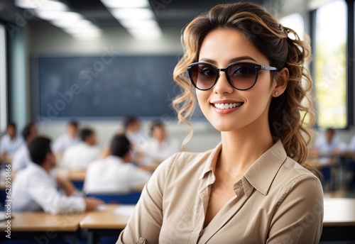 Beautiful smile attractive teacher wearing sunglass in the class