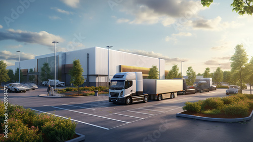 Design an environmentally conscious cargo logistics hub with electric-powered vehicles, energy-efficient lighting, and green rooftops, exemplifying sustainable practices within the Generative AI