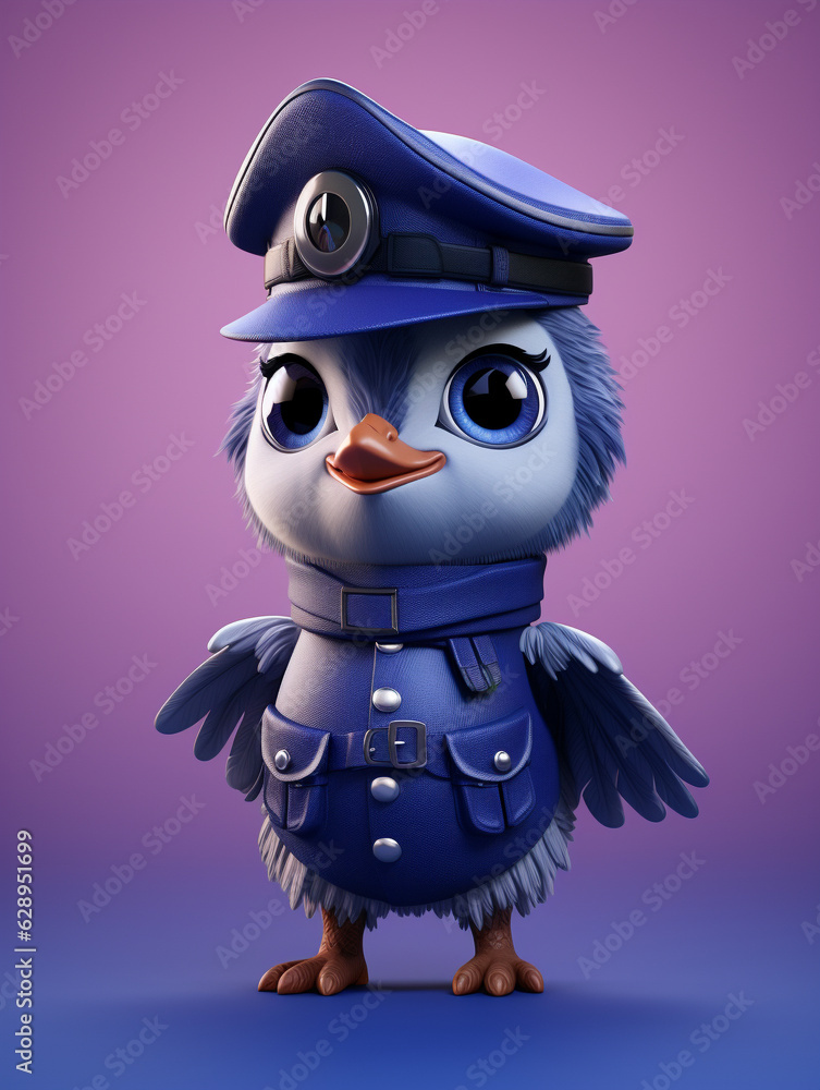 Naklejka premium A Cute 3D Hummingbird Dressed Up as a Police Officer on a Solid Color Background | Generative AI