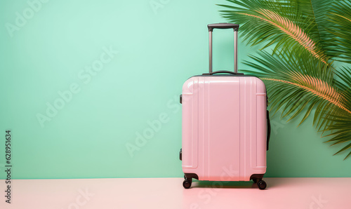 Travel suitcase isolated on pastel flat background with copy space for text decorated with palm leaves. Pink and green colors. Creative tourist banner.