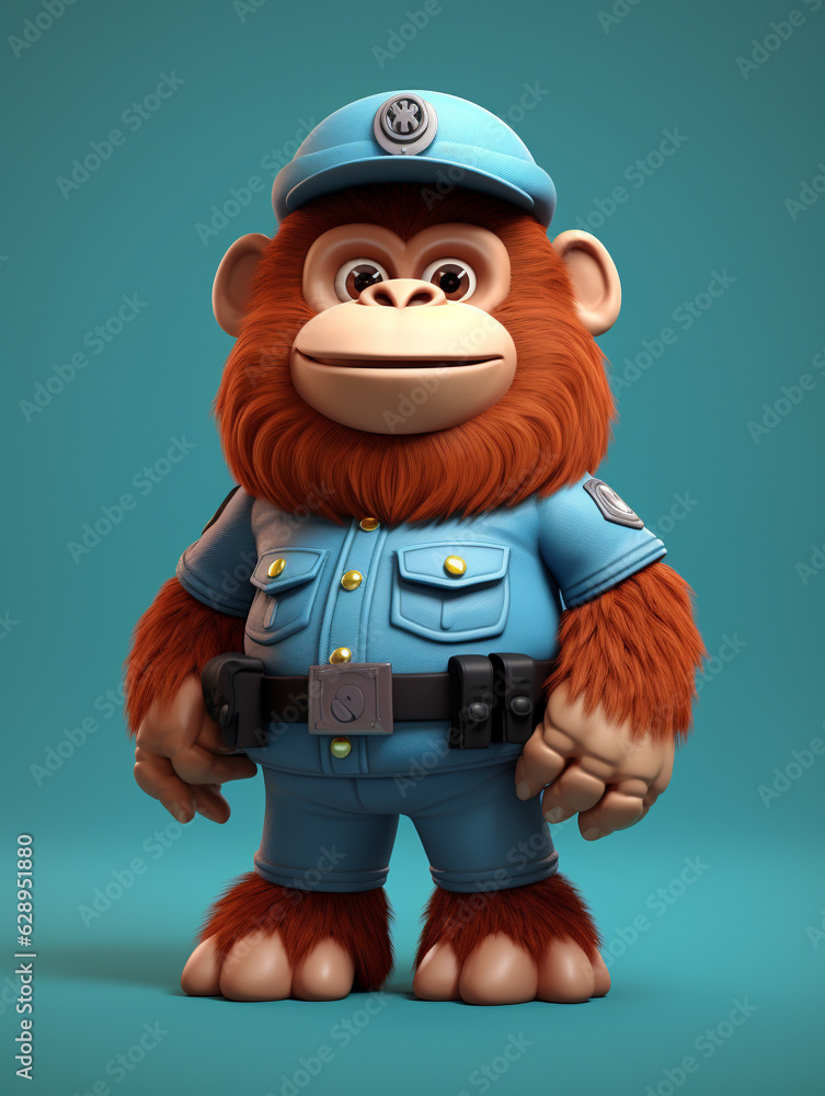 A Cute 3D Orangutan Dressed Up as a Police Officer on a Solid Color Background | Generative AI