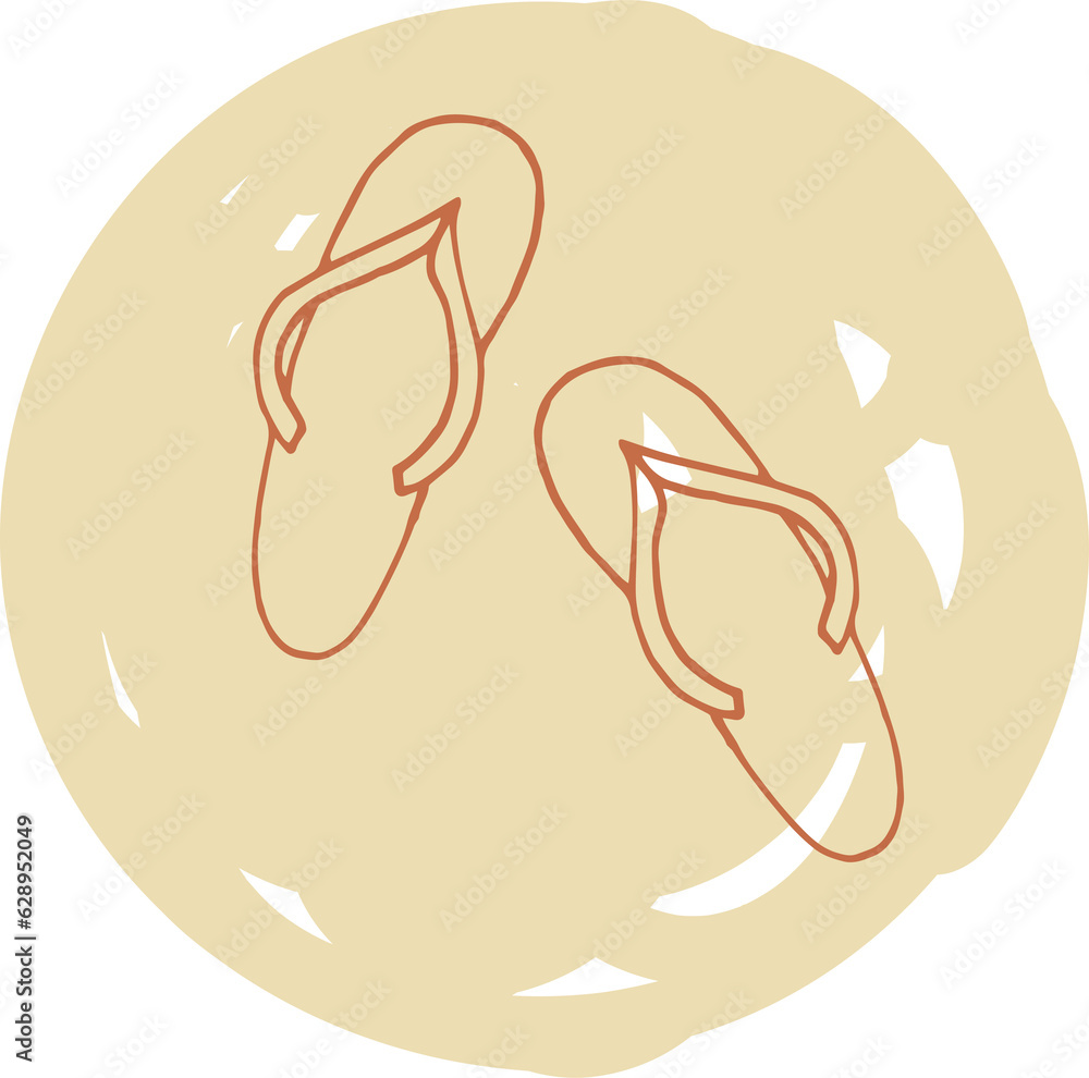 Beach flip-flops on yellow sand. Highlight cover, social media design, icon, emblem, logo. Doodle style illustration Beach flip-flops on yellow sand. Highlight cover, social media design, icon, emblem, logo. Doodle style illustration