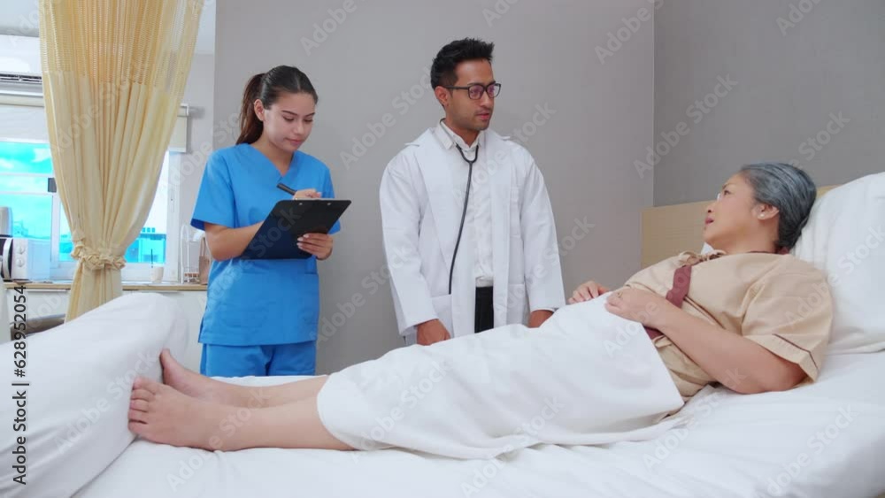 Specialist doctor man and nurse explaining and check with elderly patient in hospital, medical and sick, diagnostic with report medical and healthcare, examining disease and ill, senior and unwell. Specialist doctor man and nurse explaining and check with elderly patient in hospital, medical and sick, diagnostic with report medical and healthcare, examining disease and ill, senior and unwell.