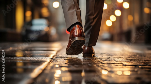 Dynamic Low Angle Shot of Businessman's Polished Shoes in Motion, Symbolizing Determination and Progress. Genrative Ai.