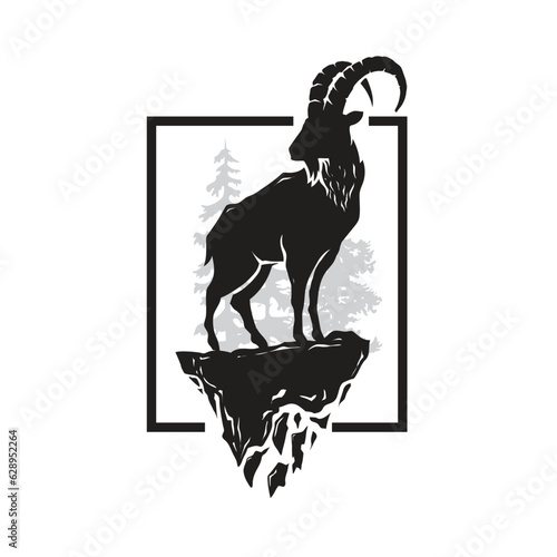 Vector of an alpine ibex silhouette in a forest