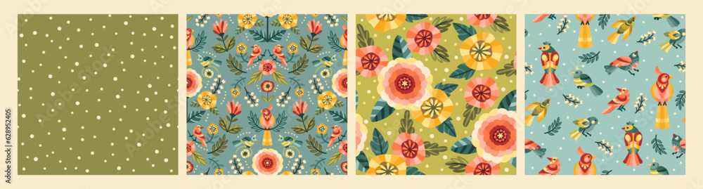 Folk floral seamless patterns with birds. Modern abstract design for paper, cover, fabric, pacing and other