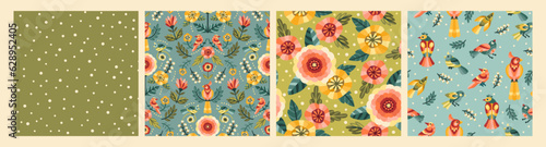 Folk floral seamless patterns with birds. Modern abstract design for paper, cover, fabric, pacing and other