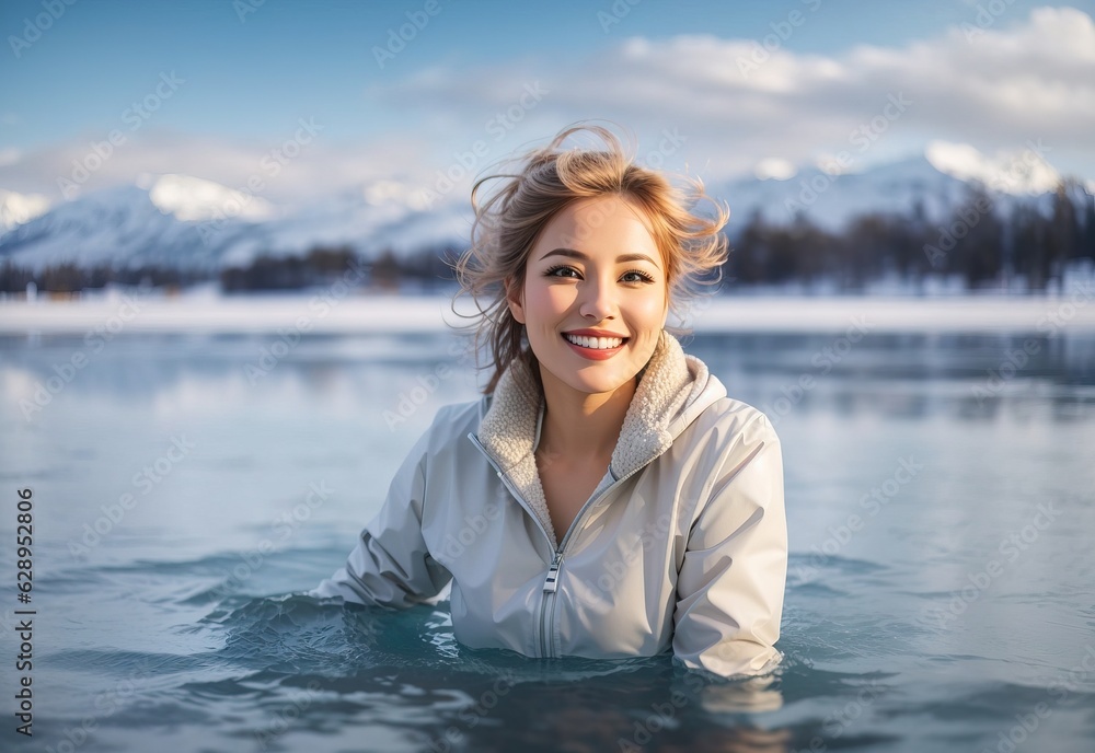 Beautiful smile mature woman swimming on icy lake in winter