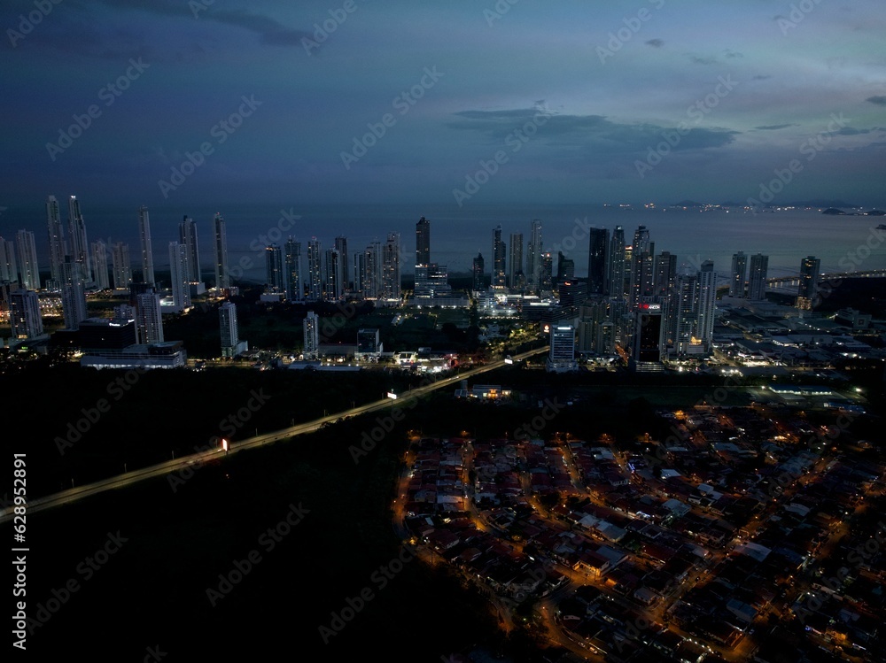 Aerial view of Panama City at night.