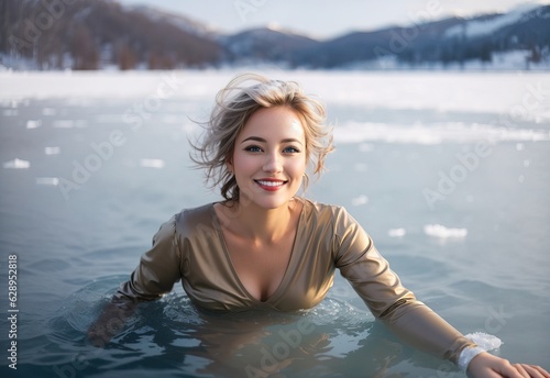Beautiful smile mature woman swimming on icy lake in winter