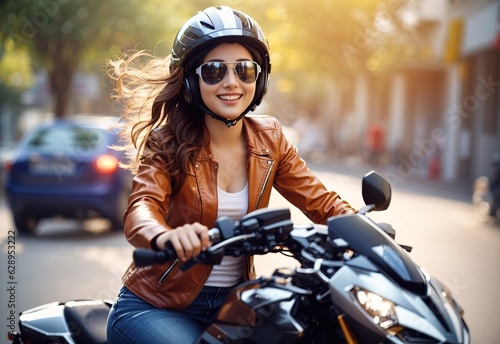 Beautiful woman ride motorcycle wearing helmet with blurred background