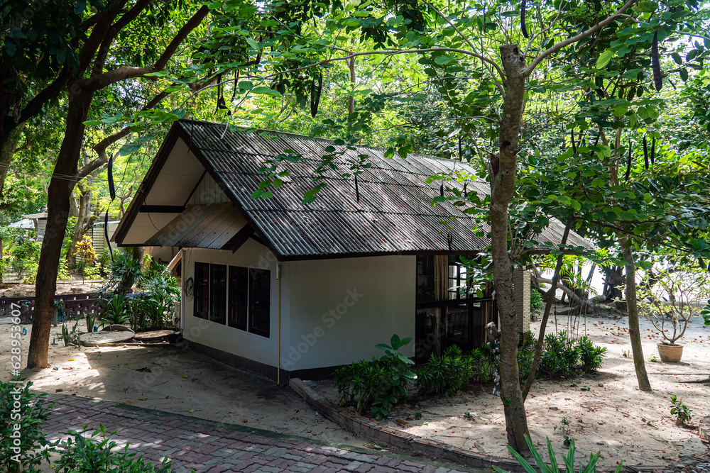 bamboo hut bungalows on the beach in Thailand. simple backpacker accommodation in Thailand on the beach in a garden