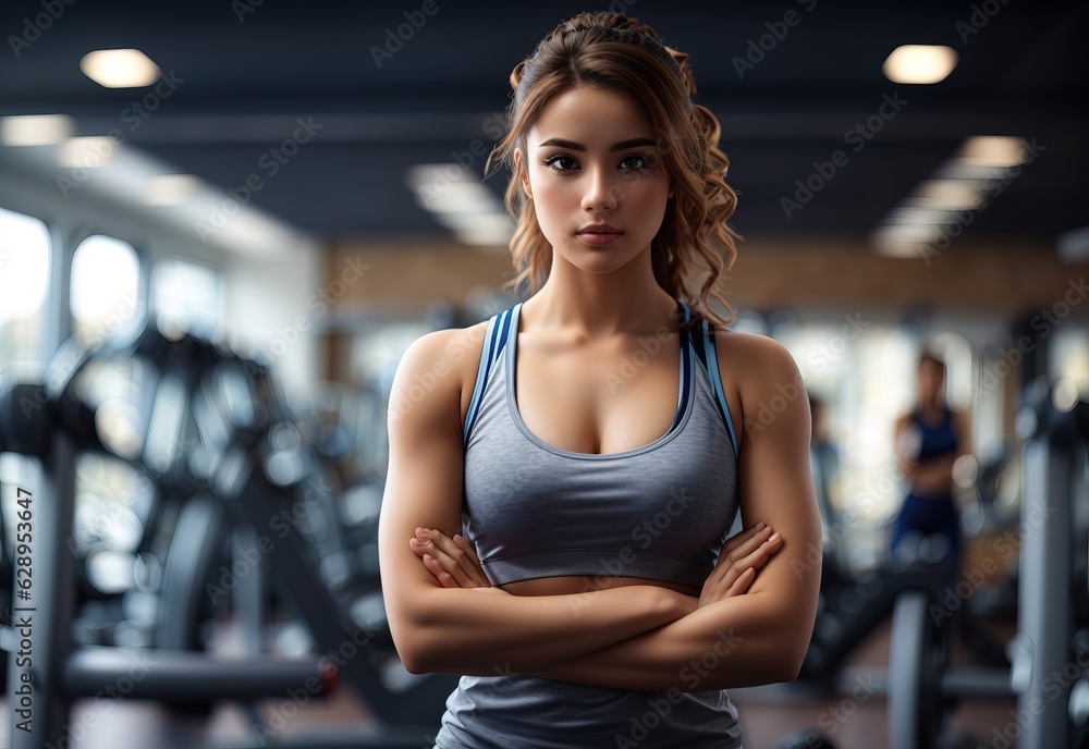 Fototapeta premium Female gym standing confident with crossed hands blurred background 
