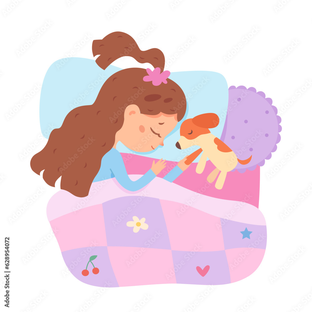 Cute girl sleeping, top view of asleep kid lying with dog on soft pillow under blanket Cute girl sleeping, top view of asleep kid lying with dog on soft pillow under blanket