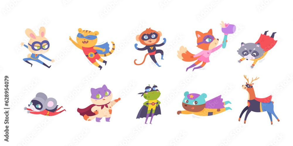 Superhero animals set, cute zoo collection, strong superman characters with hero costume