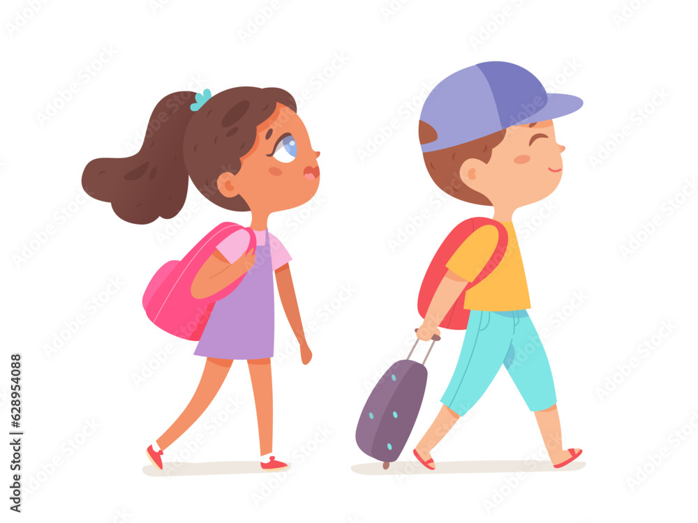 Boy and girl walking with suitcase and backpacks vector illustration. Cartoon isolated kid tourists rolling suitcase behind for summer vacation, travel in airport of students, walk of passengers