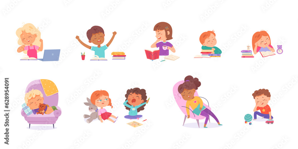 Tired kids after playing or studying set, girls and boys study, play with toys or sleep