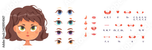 Girls face constructor and mouth animation of sound pronunciation, lip sync collection