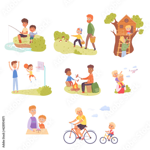 Fun time together of father and son set, dad and happy boy play at home or outdoor