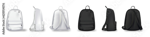 Black and white backpack design front, back and side view set. College or school rucksack mockup vector illustration. Realistic youth pack of fabric for study or sport isolated on white background