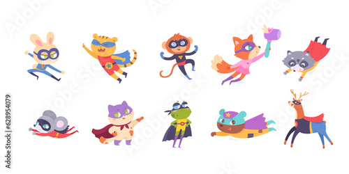 Superhero animals set, cute zoo collection, strong superman characters with hero costume