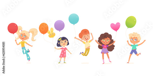 Happy kids play with balloons set, multiracial boys and girls laughing, jumping together