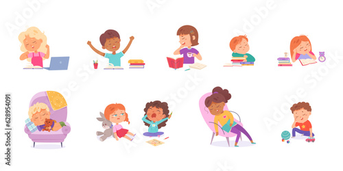 Tired kids after playing or studying set, girls and boys study, play with toys or sleep