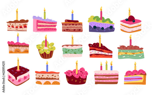 Pieces of a festive cake with candles. Birthday cake. Hand-drawn vector illustration.