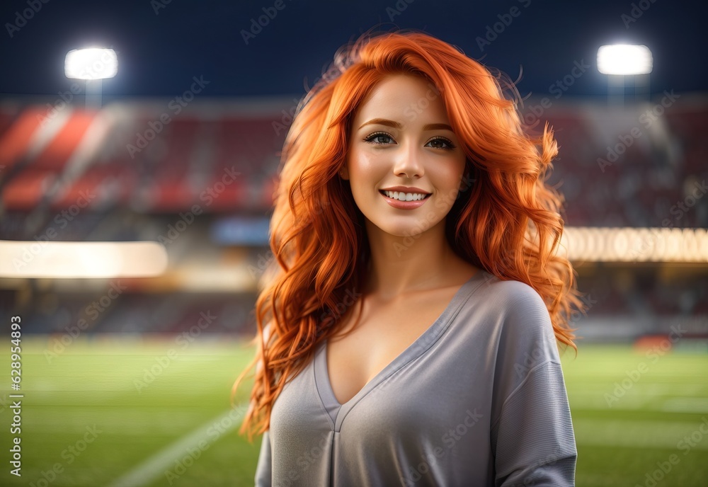 Happy beautiful attractive woman with redhead with blurred stadion background