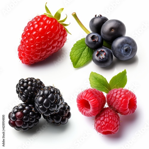 Berries collection of raspberry, blueberry, blackberry, cherry isolated on white background