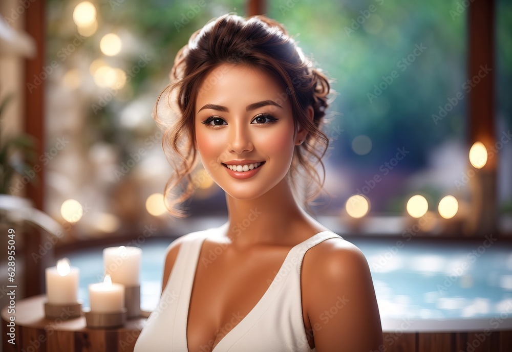 Happy beautiful beautiful woman in spa with blurred background Happy beautiful beautiful woman in spa with blurred background