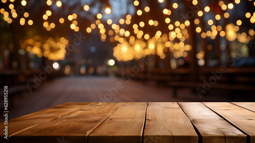 Empty Wooden Table with Blurred Outdoor Café Lights in the Background. generative Ai.