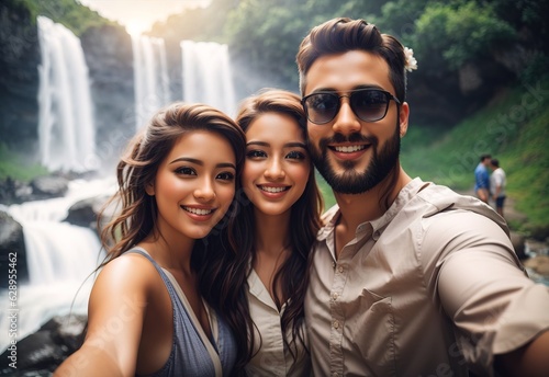 Happy beautiful couple selfie with waterfall on the background