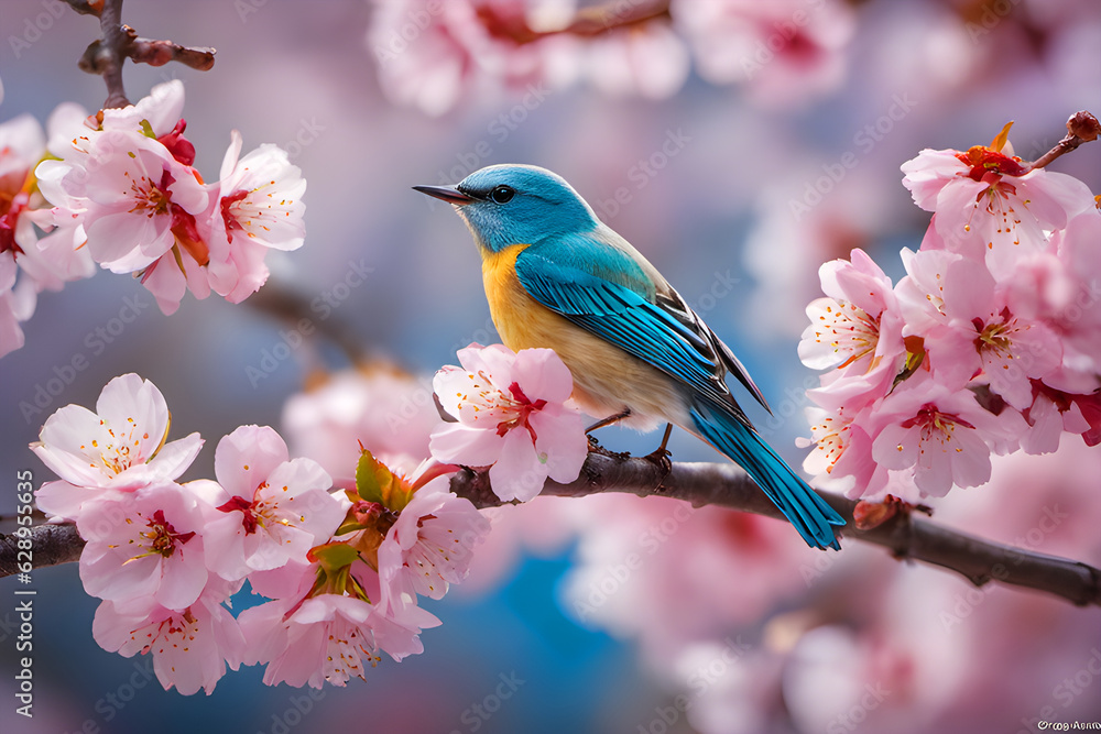 a blue bird perched on a cherry blossom stalk