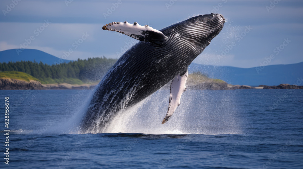 Fototapeta premium Whale Jumping From Open Water in Sea Under Blue Cloudy Sky With Bright Sun