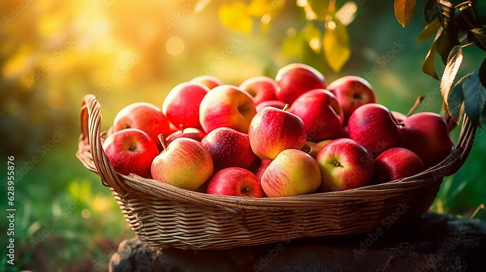 Full basket of red juicy organic apples with yellow leaves on autumn outdoors Full basket of red juicy organic apples with yellow leaves on autumn outdoors