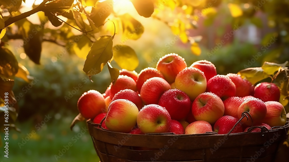 Full basket of red juicy organic apples with yellow leaves on autumn outdoors Full basket of red juicy organic apples with yellow leaves on autumn outdoors