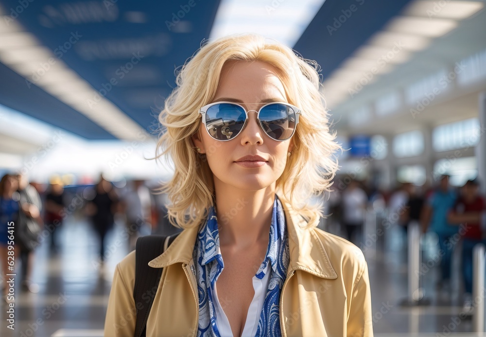 Mature blonde woman wearing sea throught sunglass at airport terminal