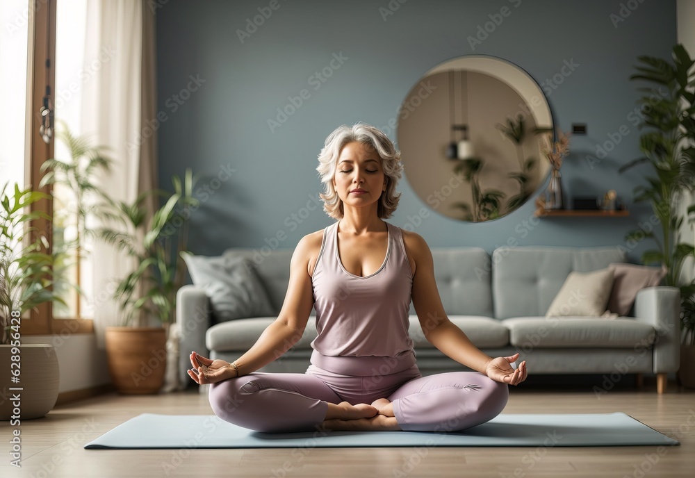 Mature senior woman practicing yoga on room Mature senior woman practicing yoga on room