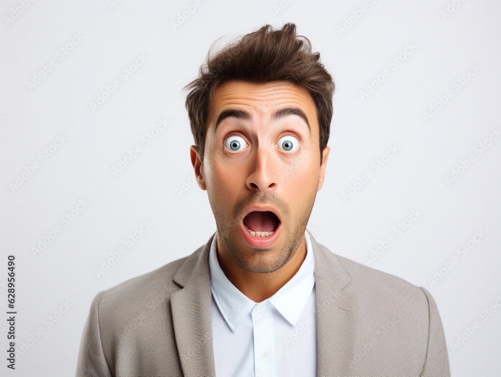 Portrait of young man with shocked and surprised facial expression face