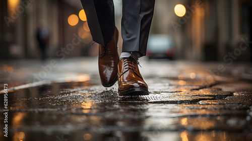 Powerful Close-up Shot of a Determined Businessman's Shoes Striking the Pavement Mid-stride. Generative Ai.