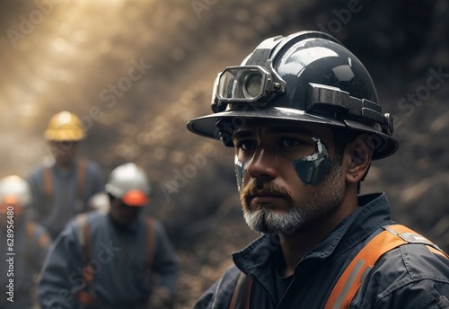 Miners wear head protection blurred background © PeopleWorker