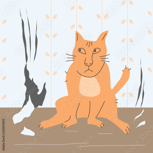 Cat scratched wallpaper.Claw marks . Problem of pet behavior. Cartoon vector illustration