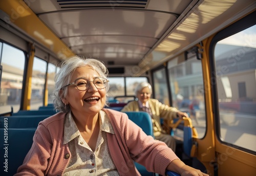 Very happy old woman inside bus © PeopleWorker