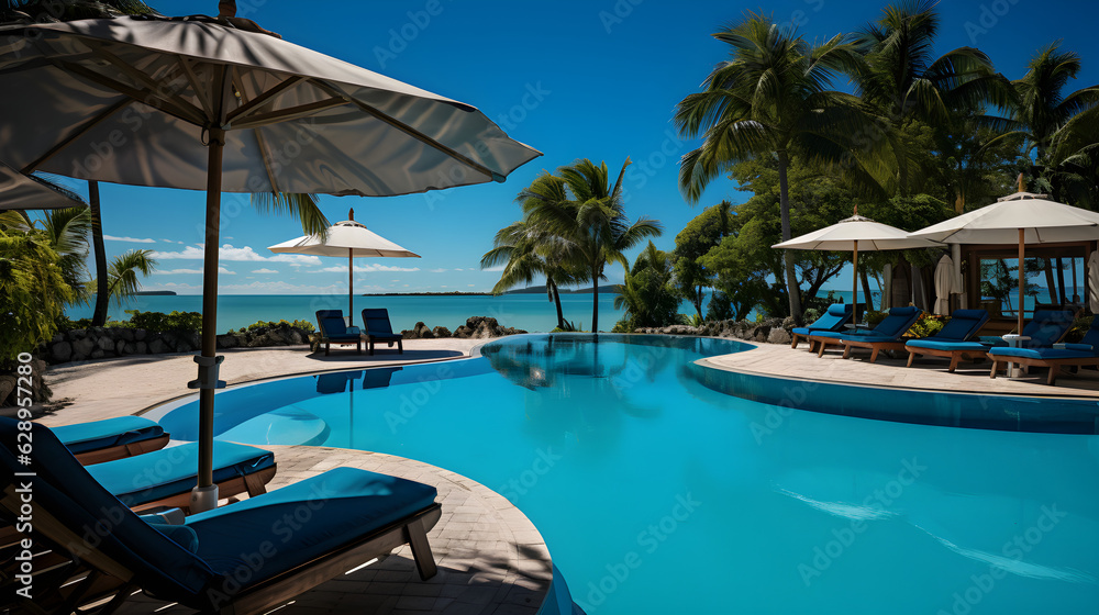 Luxurious Mid-Day Swimming Pool Setting Near Beach with Loungers, Shaded Umbrellas, and Calm Sea in the Background. Generative Ai. 