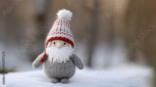 Soft toy charming Swedish Scandinavian folklore Christmas gnome nisse, tomte, with a big hat, white beard, style of Danish design, with christmas winter snowy background. Banner with copy space photo
