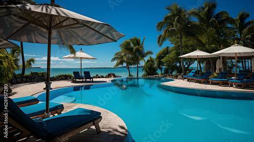 Luxurious Mid-Day Swimming Pool Setting Near Beach with Loungers, Shaded Umbrellas, and Calm Sea in the Background. Generative Ai.  © Philipp