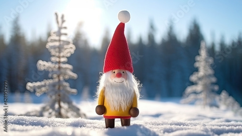 Soft toy Cheerful Swedish Scandinavian folklore Christmas gnome nisse, tomte, with a big red hat, white beard, style of Danish design, with christmas winter snowy background. Copy space