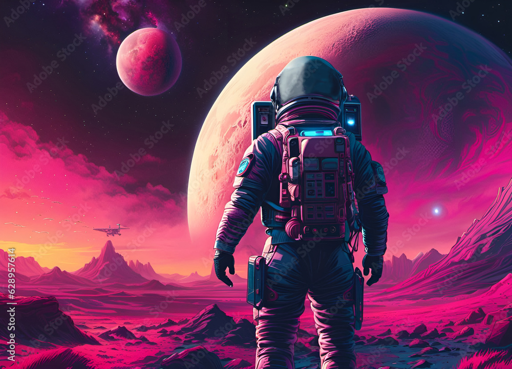 The back of an astronaut exploring a strange planet. Pink planets in the background. Science fiction illustration in synthwave colors.